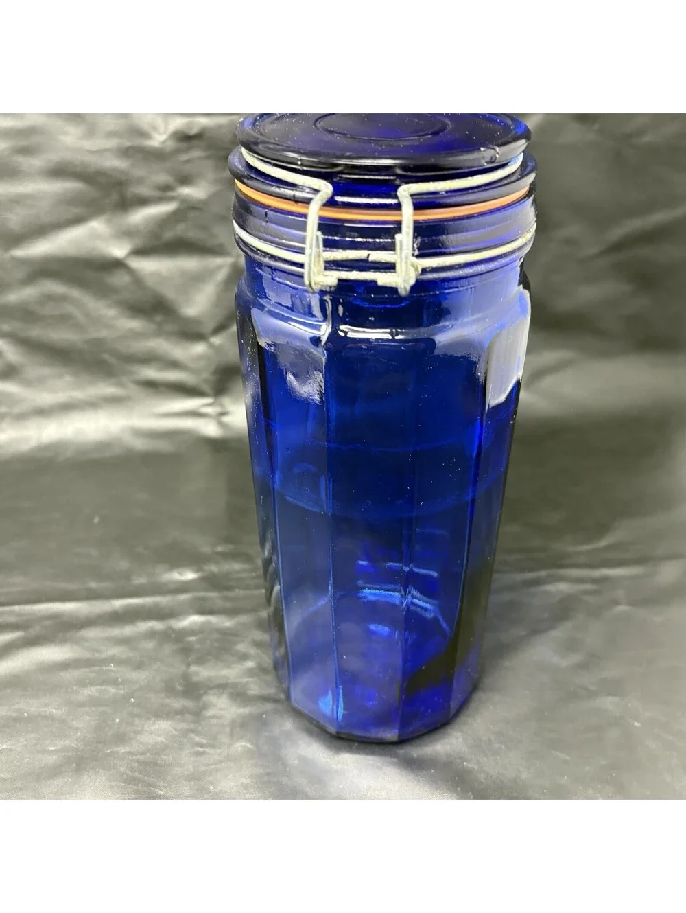 Cobalt Blue Jar Glass Storage Holder With Attached Wire Locking Lid 10” Tall